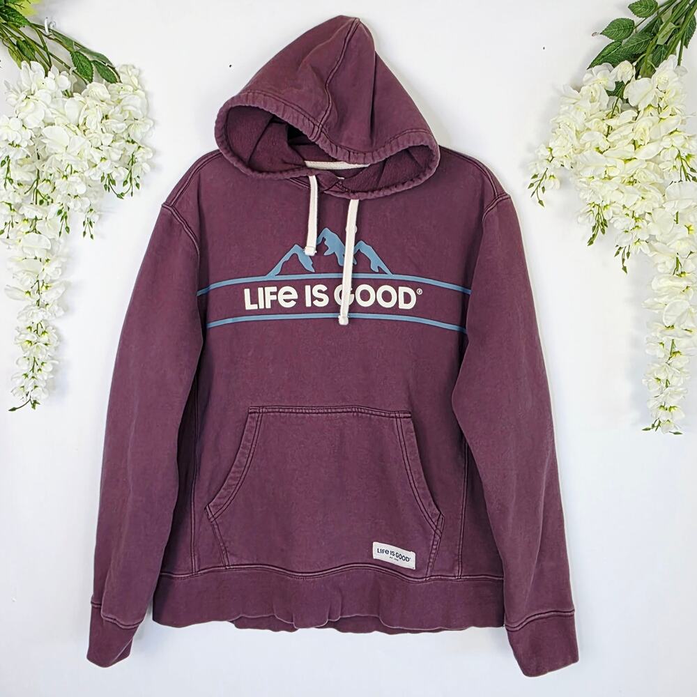 Life Is Good Hoodie Medium Mountain Print Fleece Pullover Cozy Gorpcore Hiking